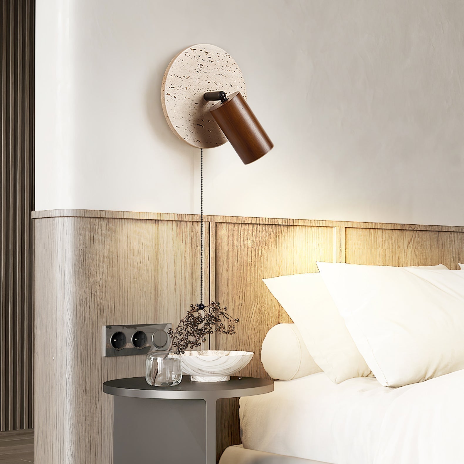 Miadi Natural Yellow Travertine and Wood Wall Lamp with Pull Chain Switch