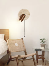Miadi Natural Yellow Travertine and Wood Wall Lamp with Pull Chain Switch