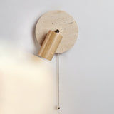 Miadi Natural Yellow Travertine and Wood Wall Lamp with Pull Chain Switch