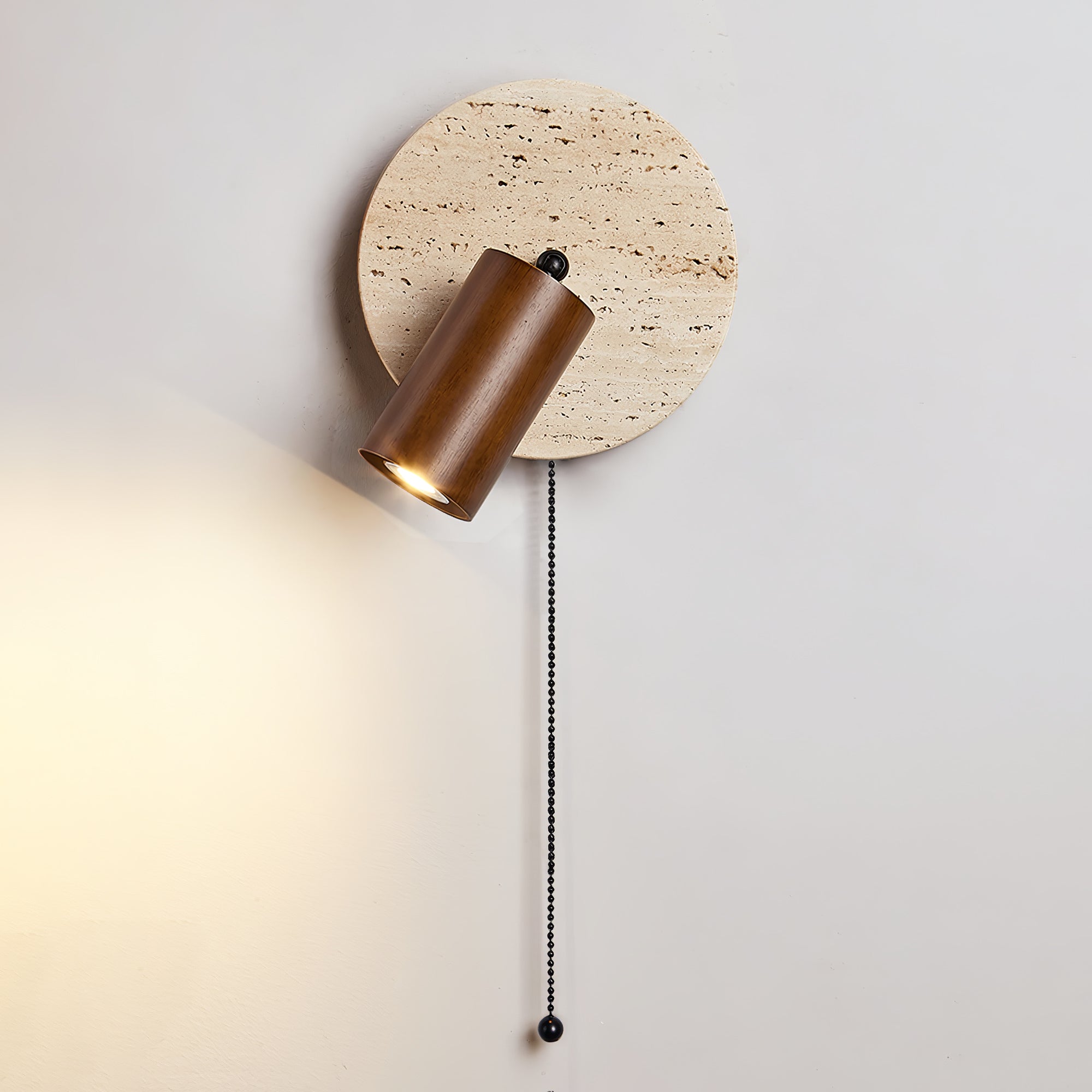 Miadi Natural Yellow Travertine and Wood Wall Lamp with Pull Chain Switch