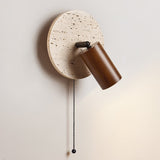 Miadi Natural Yellow Travertine and Wood Wall Lamp with Pull Chain Switch