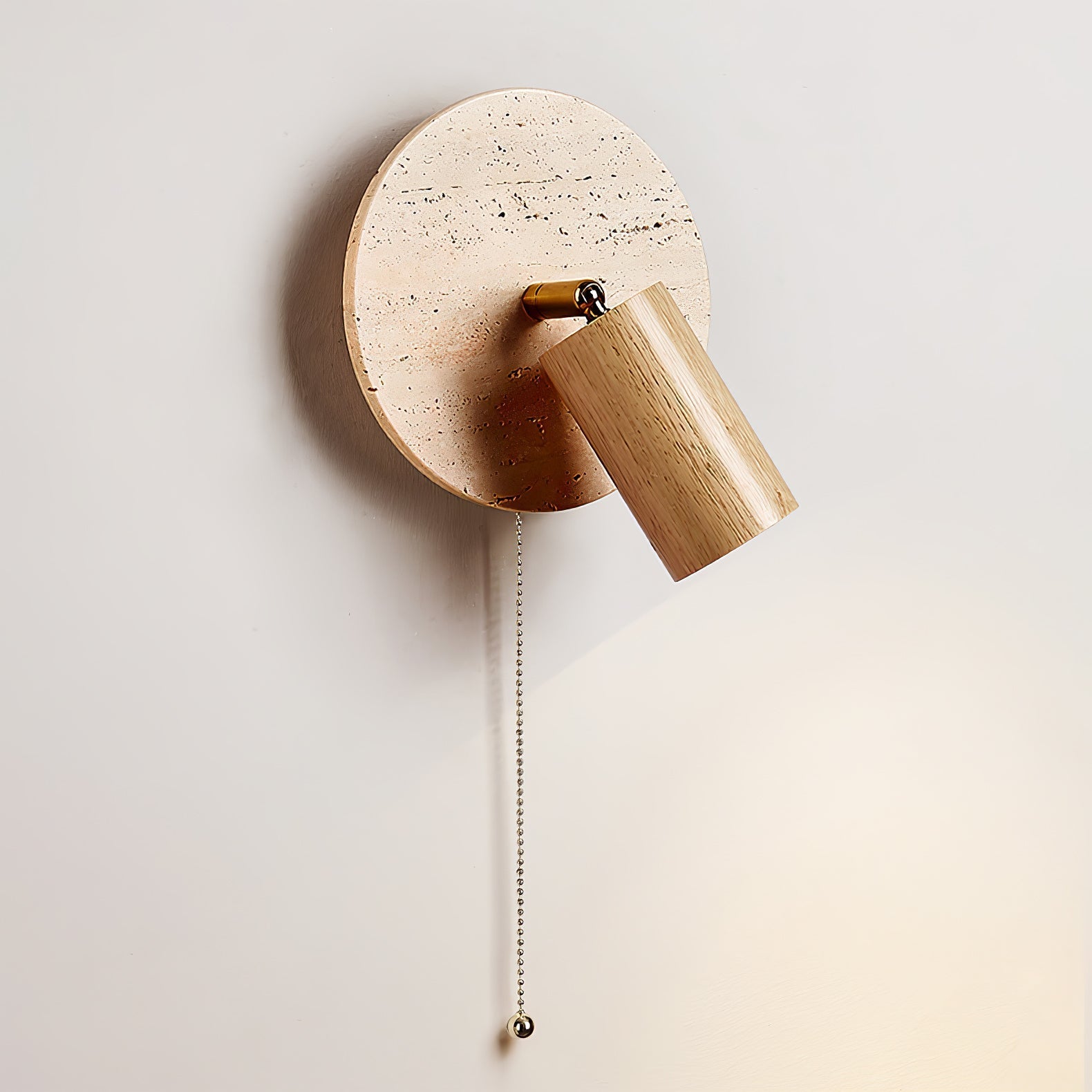 Miadi Natural Yellow Travertine and Wood Wall Lamp with Pull Chain Switch