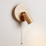 Miadi Natural Yellow Travertine and Wood Wall Lamp with Pull Chain Switch