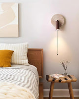 Miadi Natural Yellow Travertine and Wood Wall Lamp with Pull Chain Switch