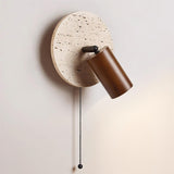 Miadi Natural Yellow Travertine and Wood Wall Lamp with Pull Chain Switch