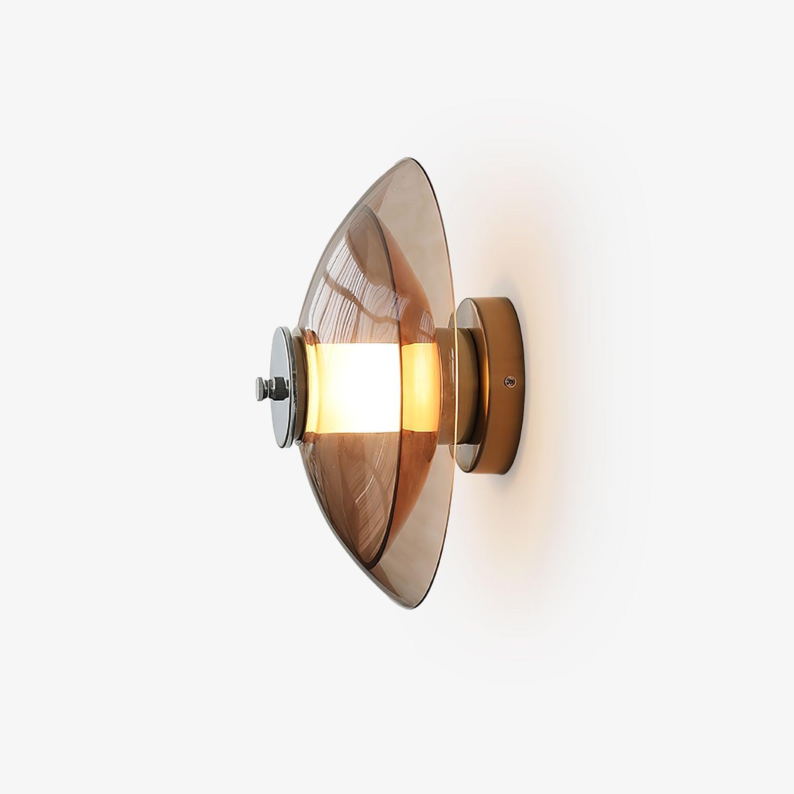 Mid Century Chrome Flying Saucer Wall Sconce with Amber Glass Shade