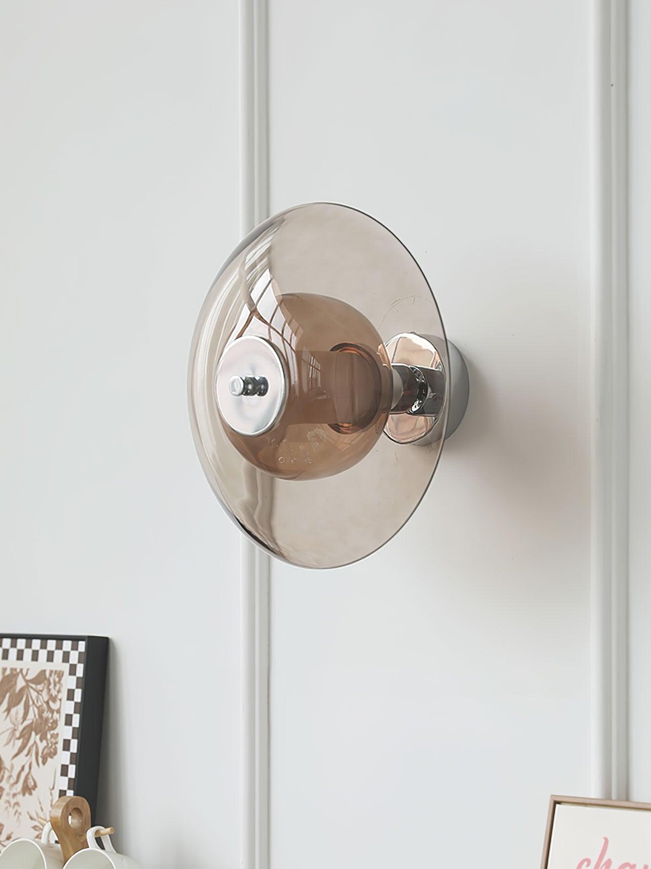 Mid Century Chrome Flying Saucer Wall Sconce with Amber Glass Shade