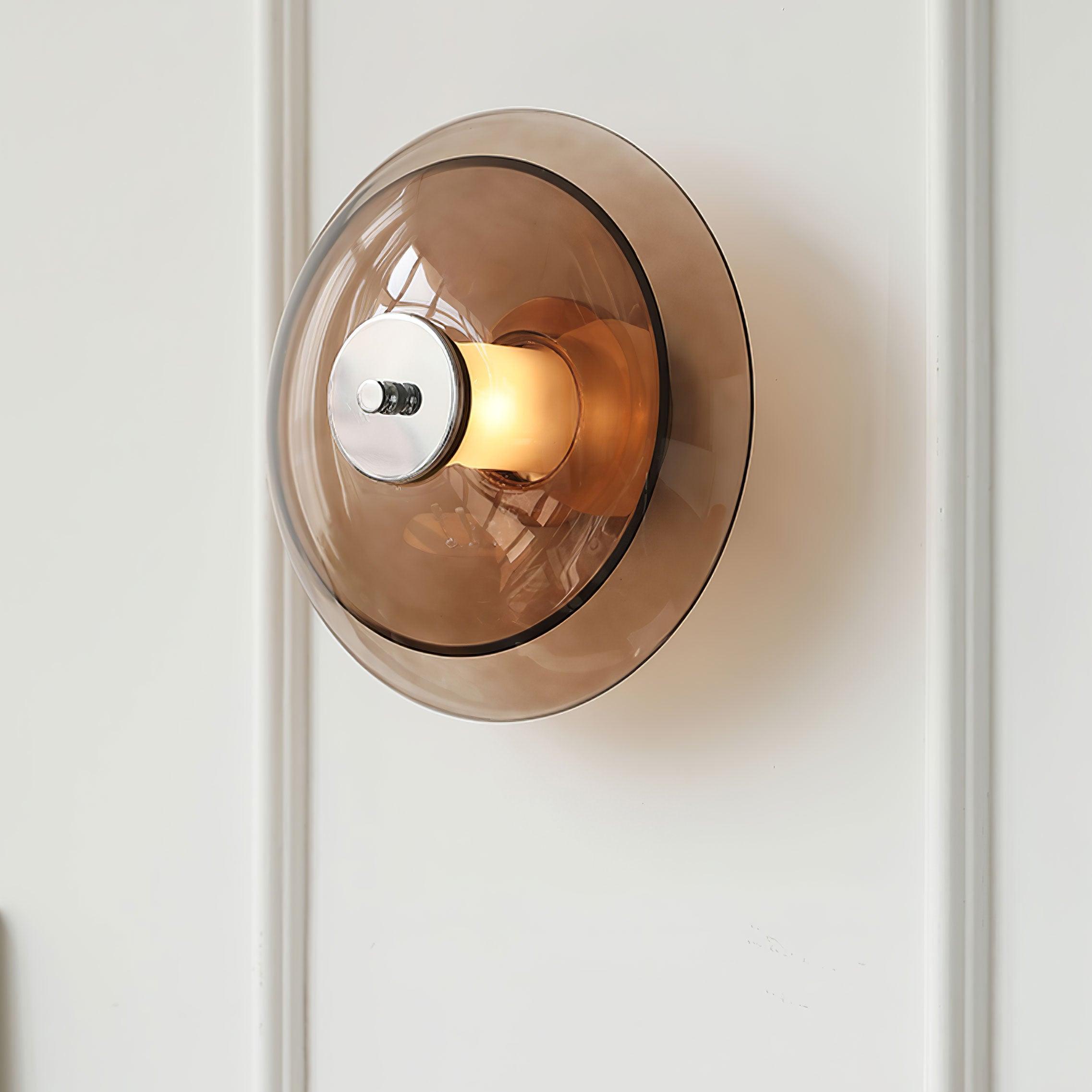 Mid Century Chrome Flying Saucer Wall Sconce with Amber Glass Shade
