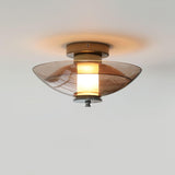 Mid Century Chrome Flying Saucer Wall Sconce with Amber Glass Shade