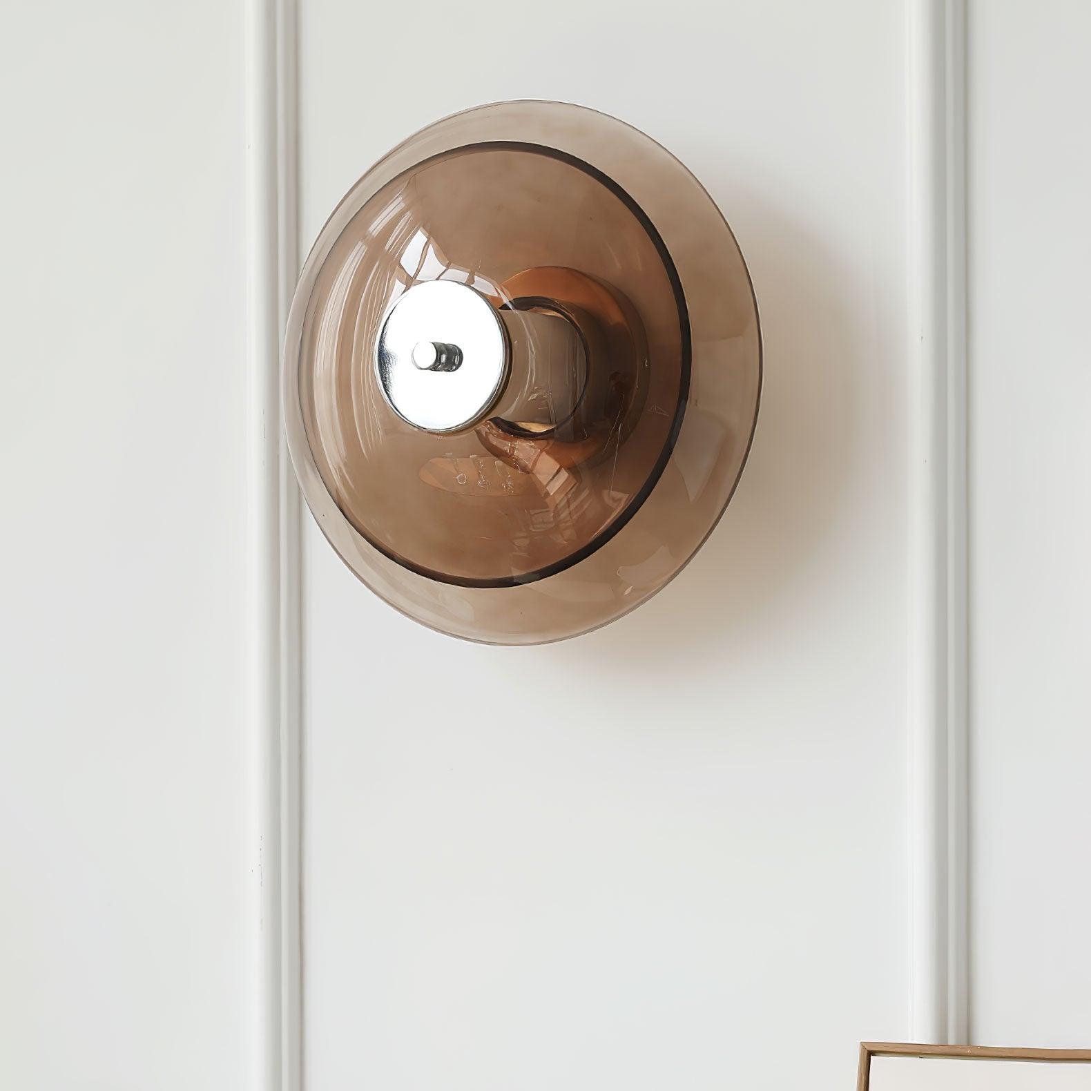 Mid Century Chrome Flying Saucer Wall Sconce with Amber Glass Shade