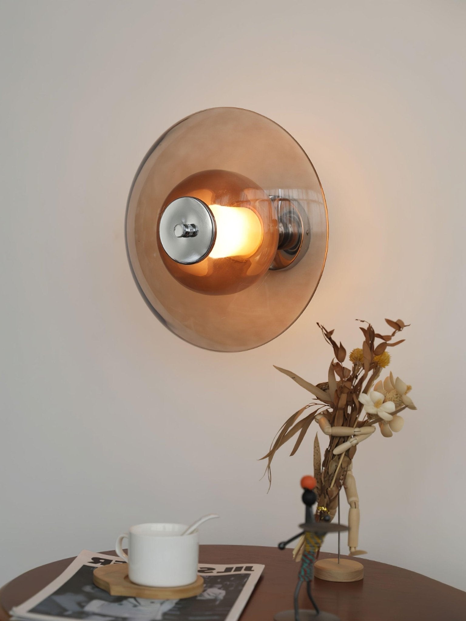 Mid Century Chrome Flying Saucer Wall Sconce with Amber Glass Shade