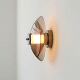 Mid Century Chrome Flying Saucer Wall Sconce with Amber Glass Shade