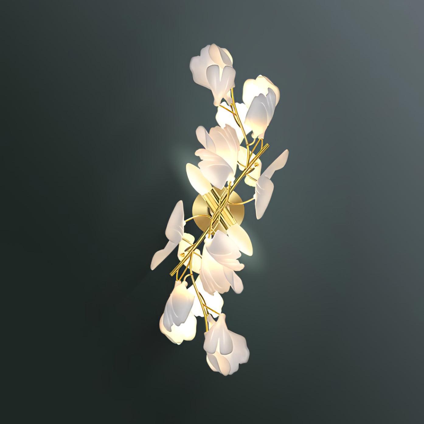 Mid Century Gold Gingko Flower Wall Sconce with Elegant White Ceramic Details for Indoor Lighting