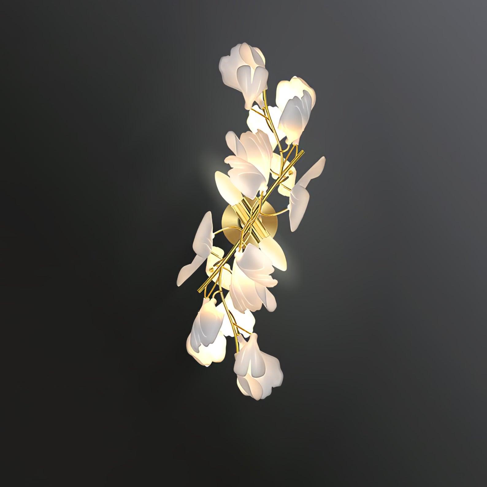 Mid Century Gold Gingko Flower Wall Sconce with Elegant White Ceramic Details for Indoor Lighting