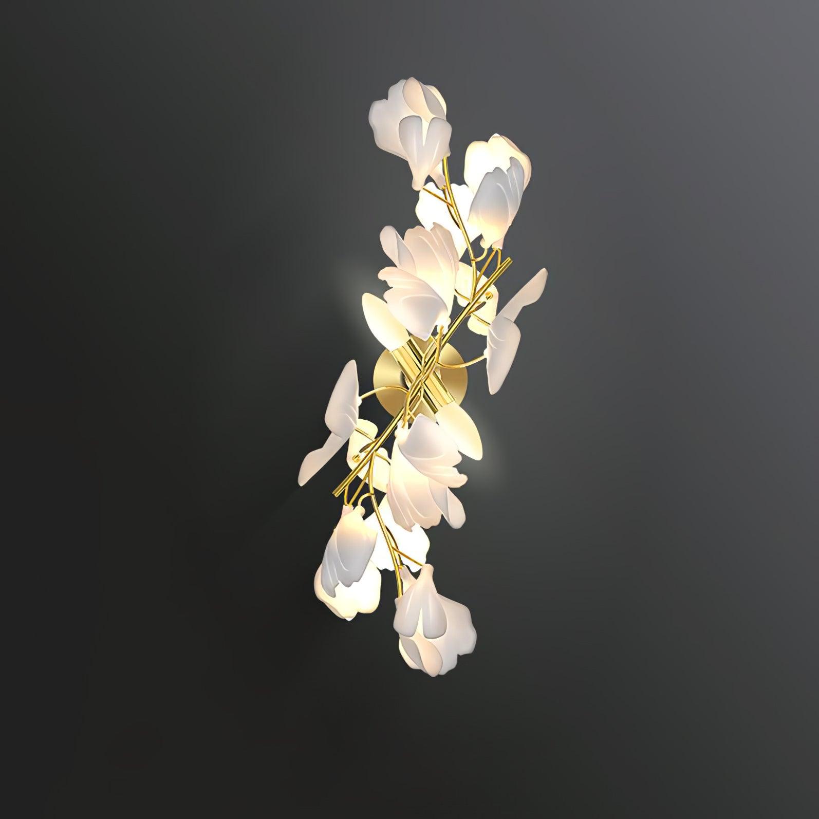 Mid Century Gold Gingko Flower Wall Sconce with Elegant White Ceramic Details for Indoor Lighting