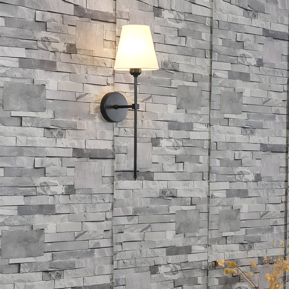 Mid Century Modern 1 Light Indoor Wall Sconce with White Linen Fabric Shade Black and Gold Finish