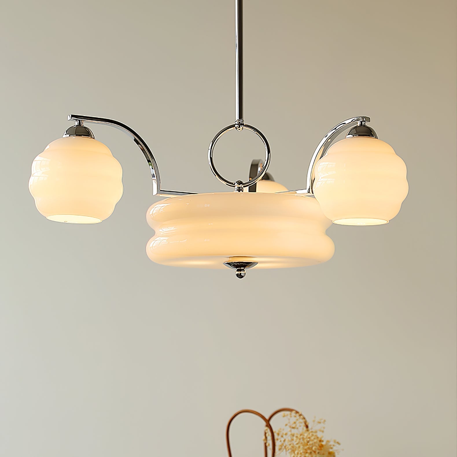 Mid Century Modern Art Deco Chandelier with Glass Globe Shades Vintage Electrolier Pendant Light
