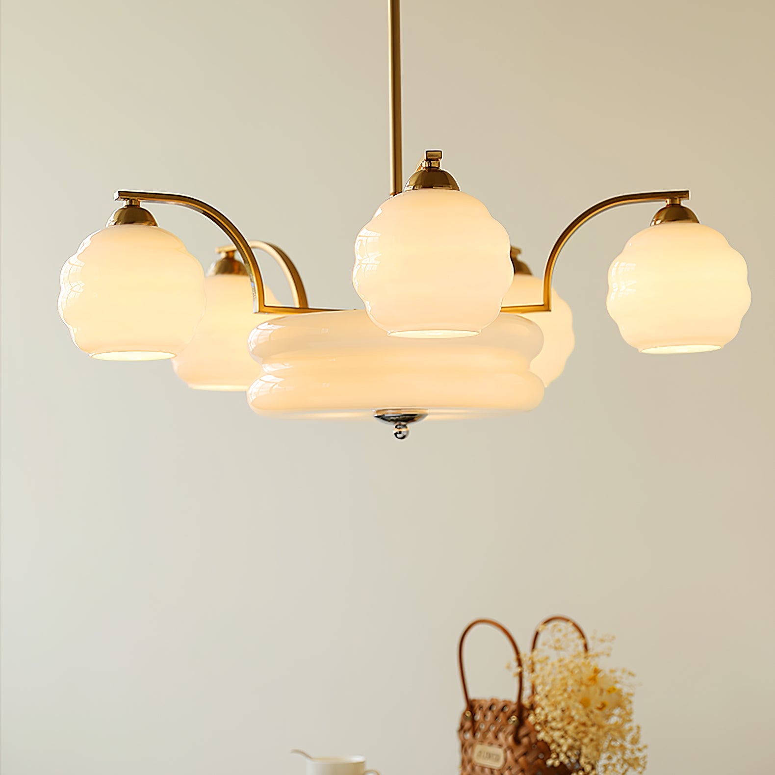 Mid Century Modern Art Deco Chandelier with Glass Globe Shades Vintage Electrolier Pendant Light