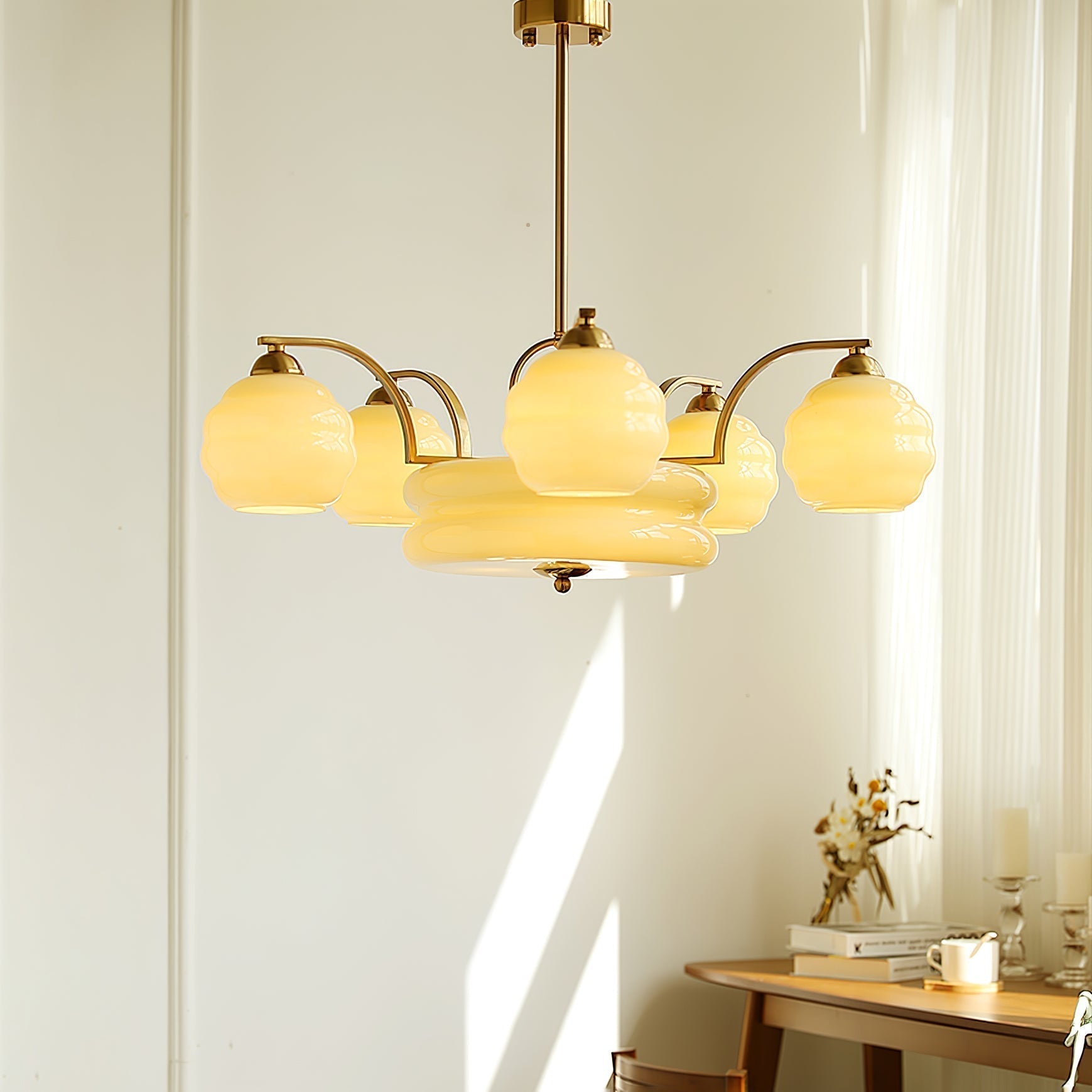 Mid Century Modern Art Deco Chandelier with Glass Globe Shades Vintage Electrolier Pendant Light