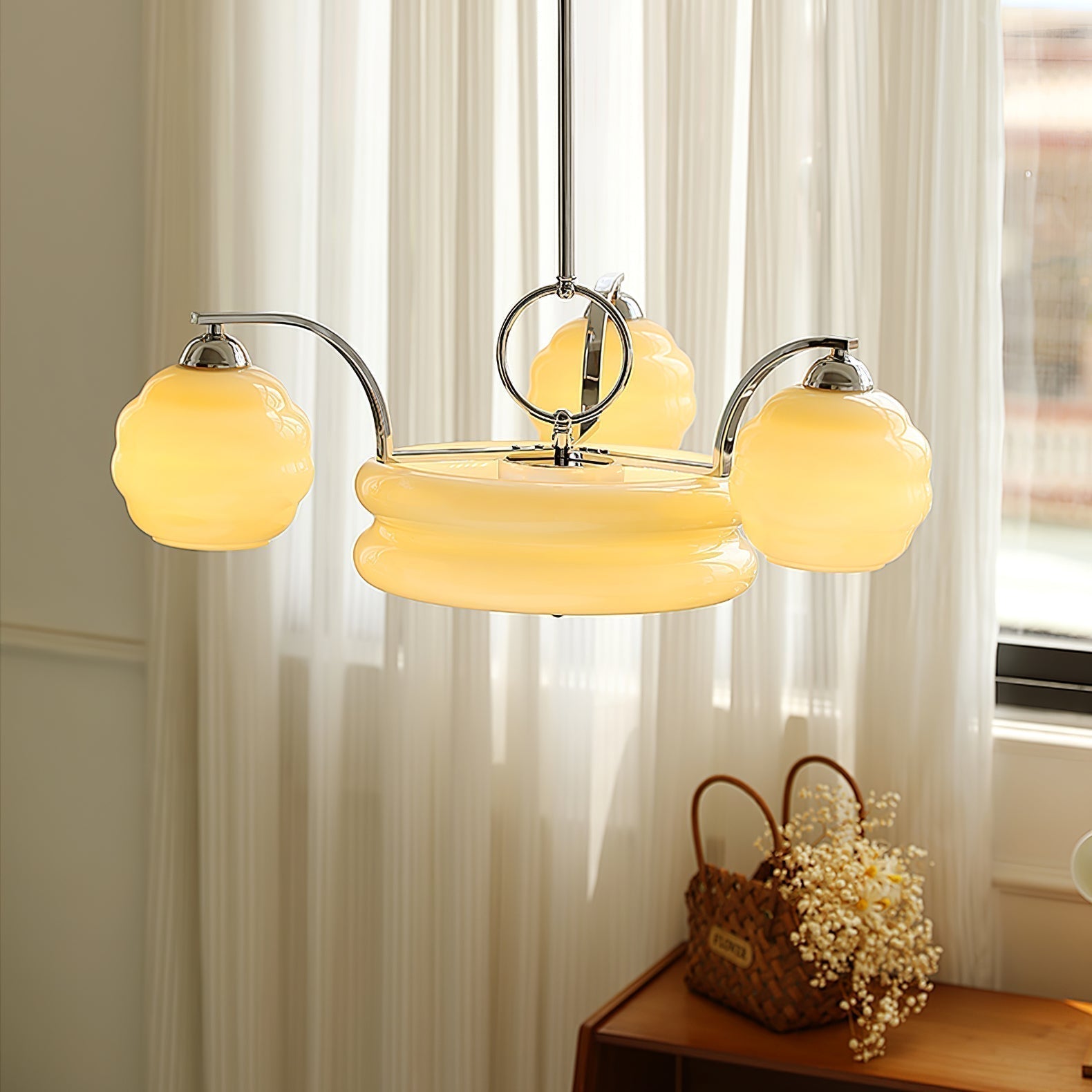 Mid Century Modern Art Deco Chandelier with Glass Globe Shades Vintage Electrolier Pendant Light