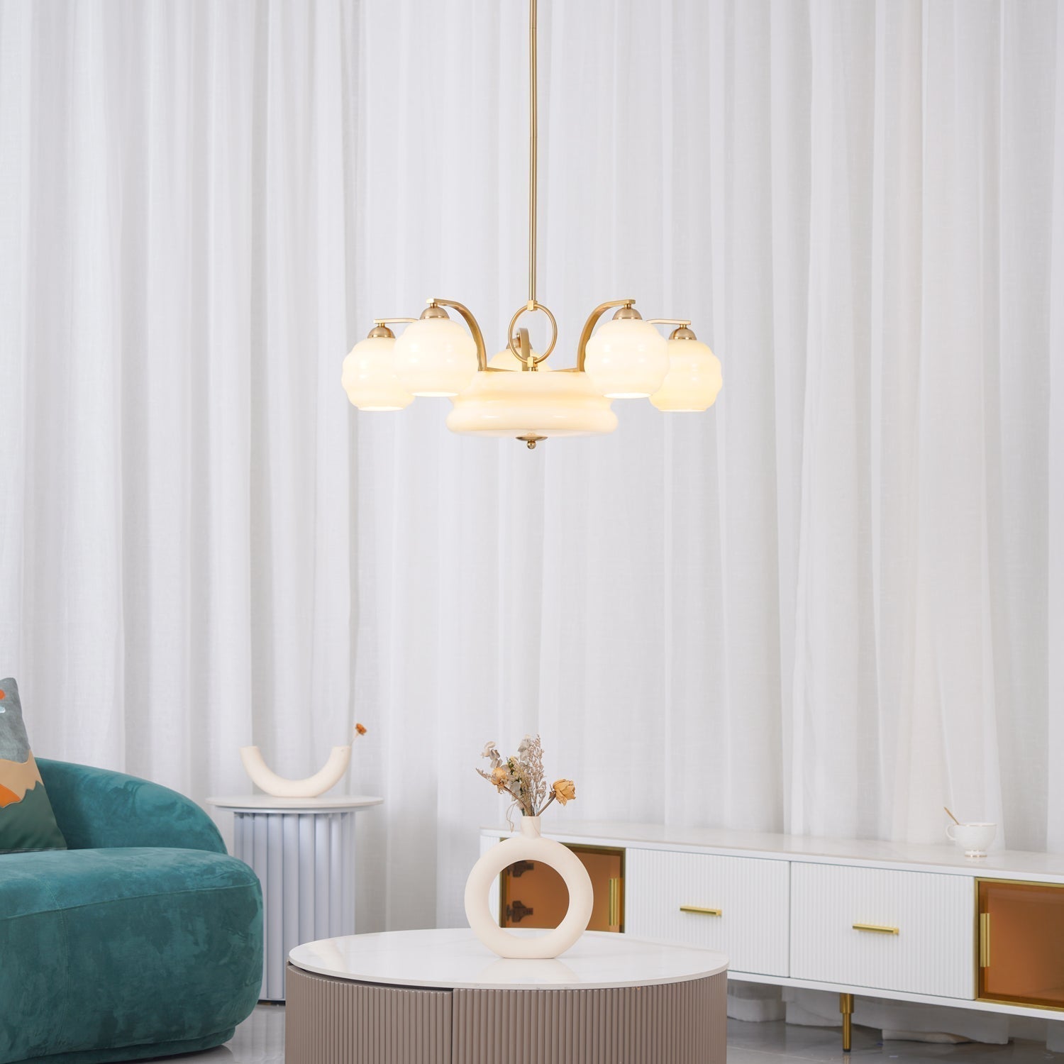 Mid Century Modern Art Deco Chandelier with Glass Globe Shades Vintage Electrolier Pendant Light