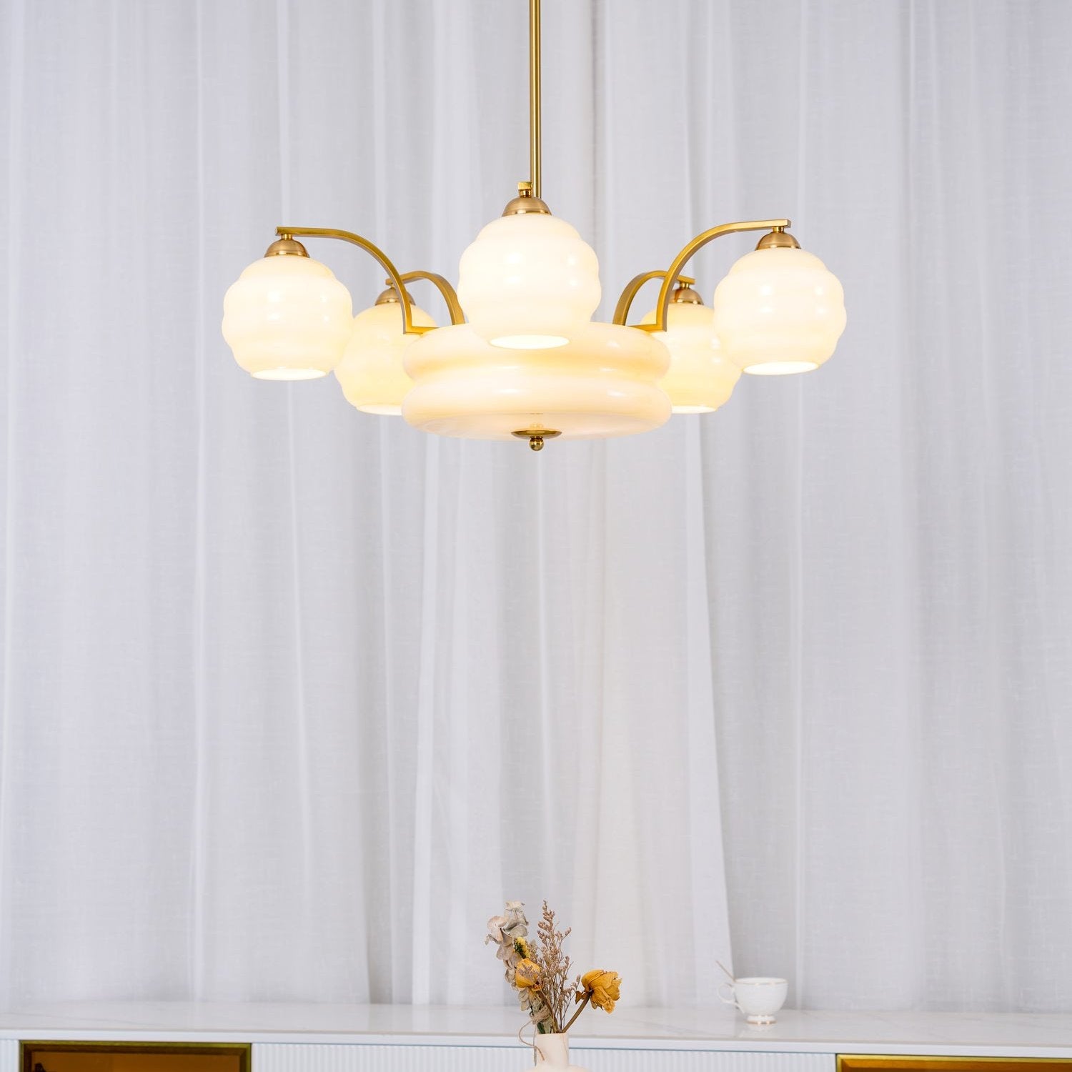Mid Century Modern Art Deco Chandelier with Glass Globe Shades Vintage Electrolier Pendant Light