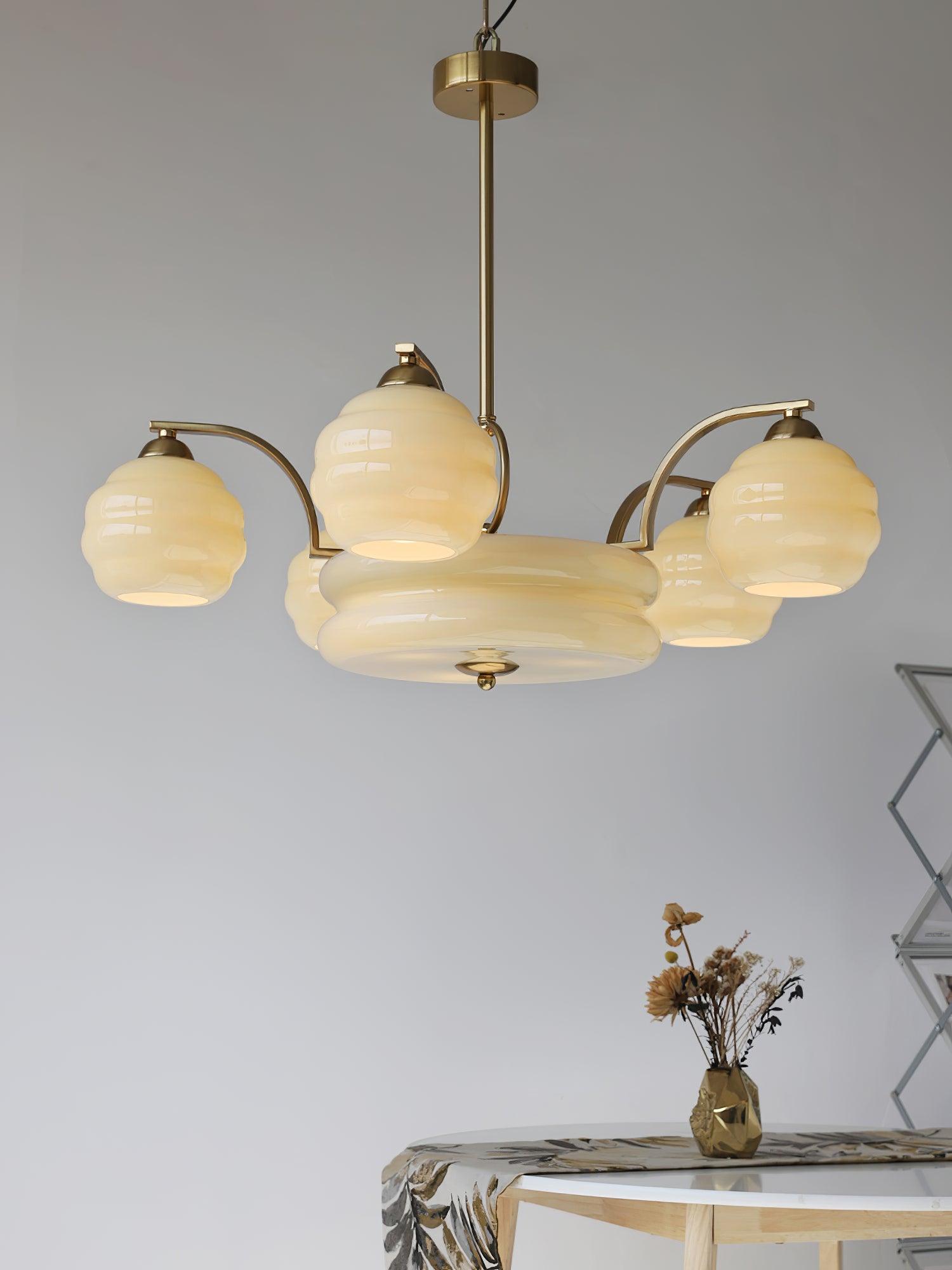 Mid Century Modern Art Deco Chandelier with Glass Globe Shades Vintage Electrolier Pendant Light