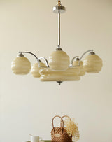 Mid Century Modern Art Deco Chandelier with Glass Globe Shades Vintage Electrolier Pendant Light