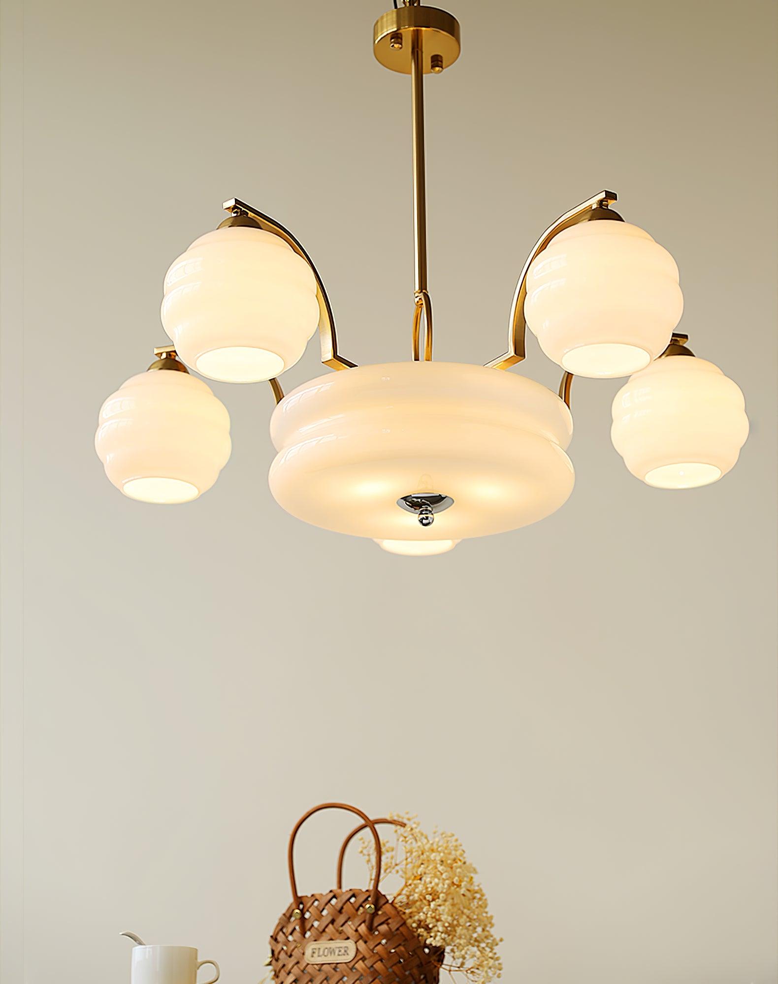 Mid Century Modern Art Deco Chandelier with Glass Globe Shades Vintage Electrolier Pendant Light