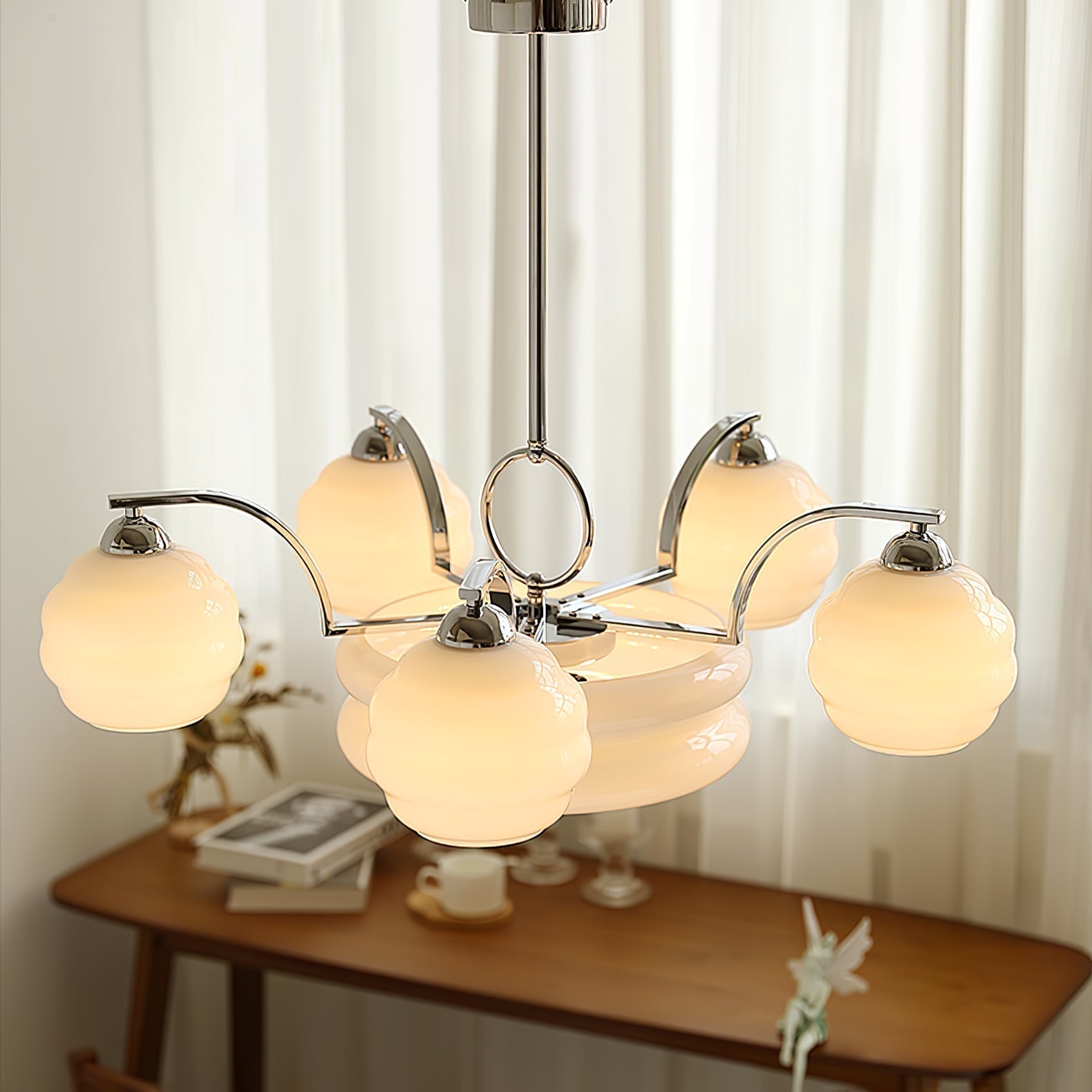 Mid Century Modern Art Deco Chandelier with Glass Globe Shades Vintage Electrolier Pendant Light