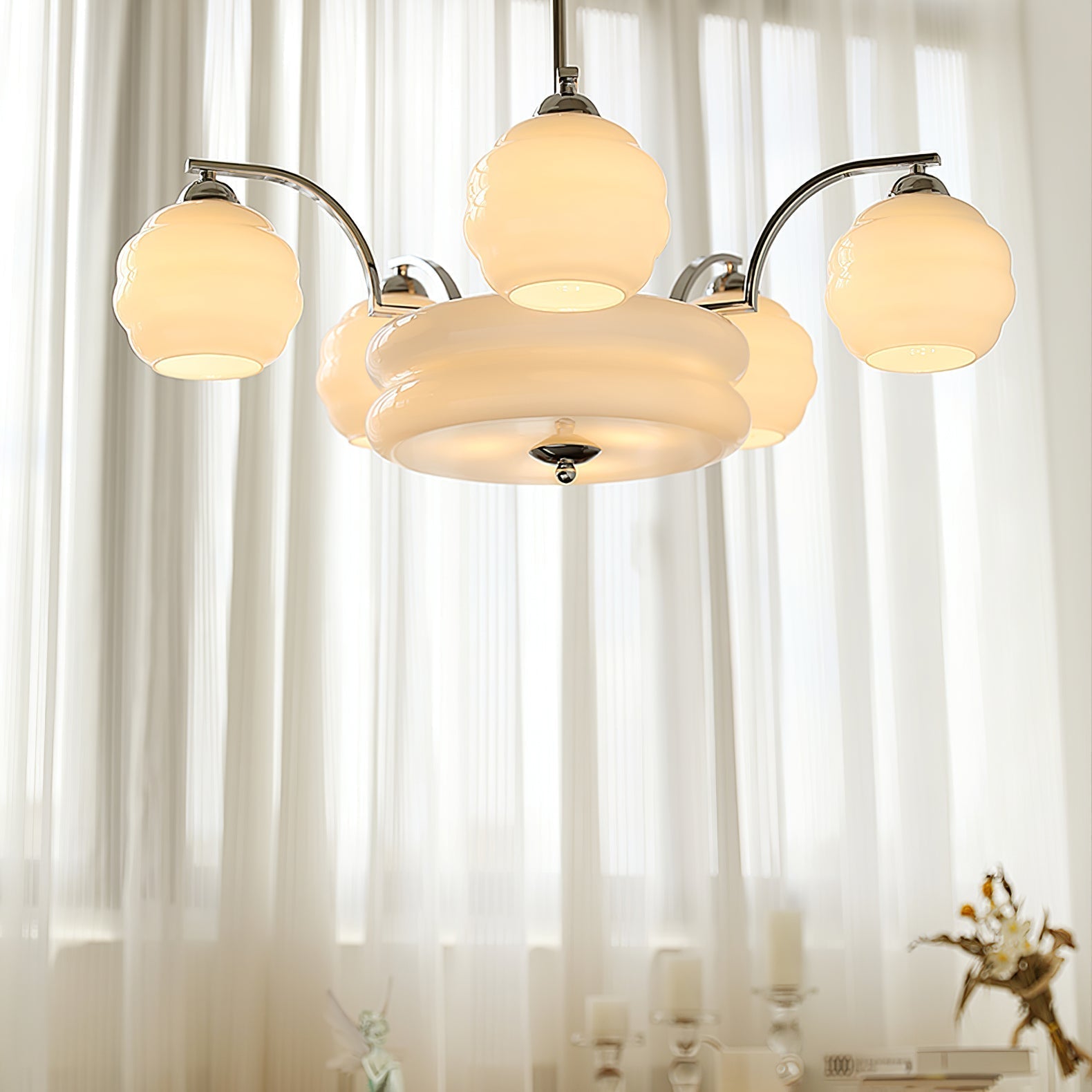 Mid Century Modern Art Deco Chandelier with Glass Globe Shades Vintage Electrolier Pendant Light