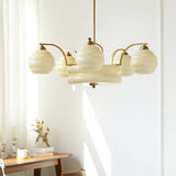 Mid Century Modern Art Deco Chandelier with Glass Globe Shades Vintage Electrolier Pendant Light