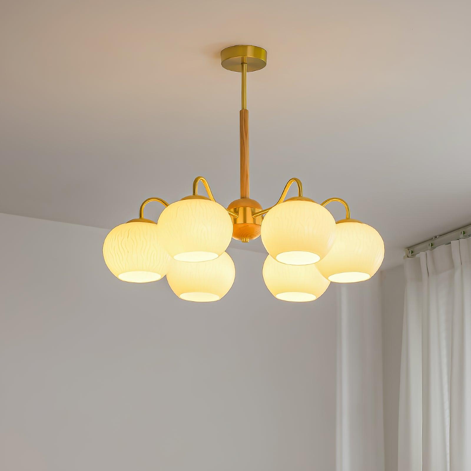 Mid Century Modern Brass and Ash Wood Chandelier Pendant Light with White Glass Shades