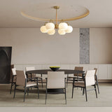 Mid Century Modern Brass and Ash Wood Chandelier Pendant Light with White Glass Shades
