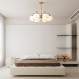 Mid Century Modern Brass and Ash Wood Chandelier Pendant Light with White Glass Shades