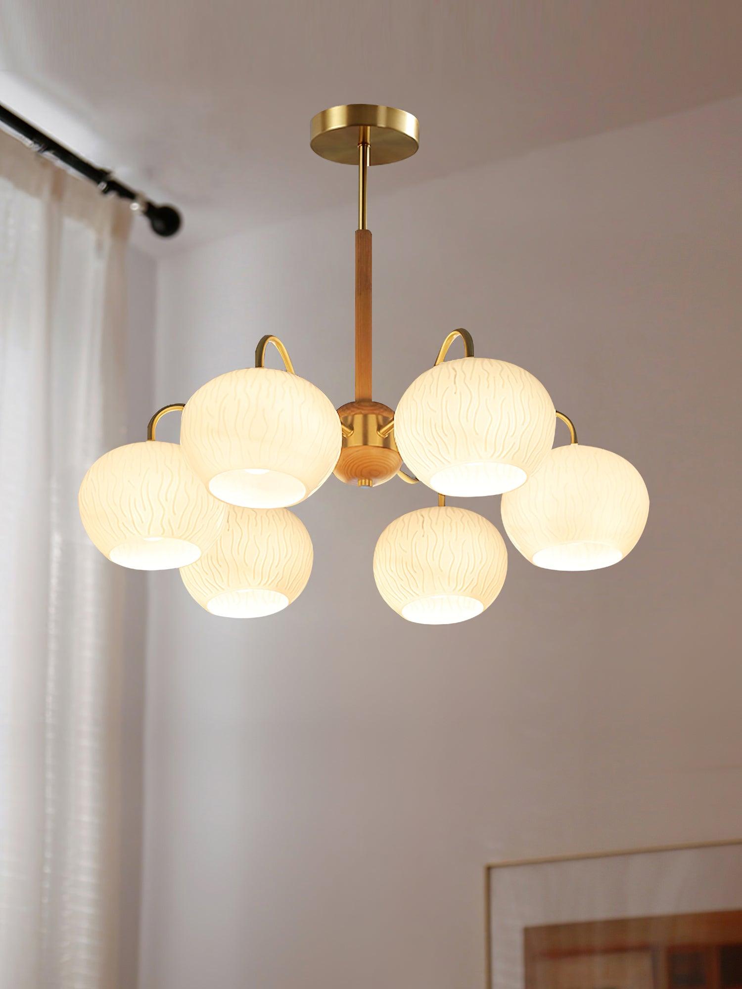Mid Century Modern Brass and Ash Wood Chandelier Pendant Light with White Glass Shades