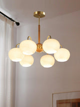 Mid Century Modern Brass and Ash Wood Chandelier Pendant Light with White Glass Shades