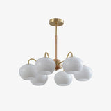 Mid Century Modern Brass and Ash Wood Chandelier Pendant Light with White Glass Shades