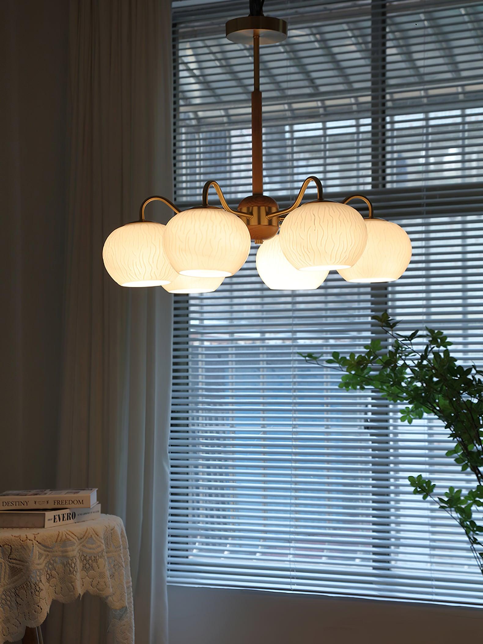 Mid Century Modern Brass and Ash Wood Chandelier Pendant Light with White Glass Shades