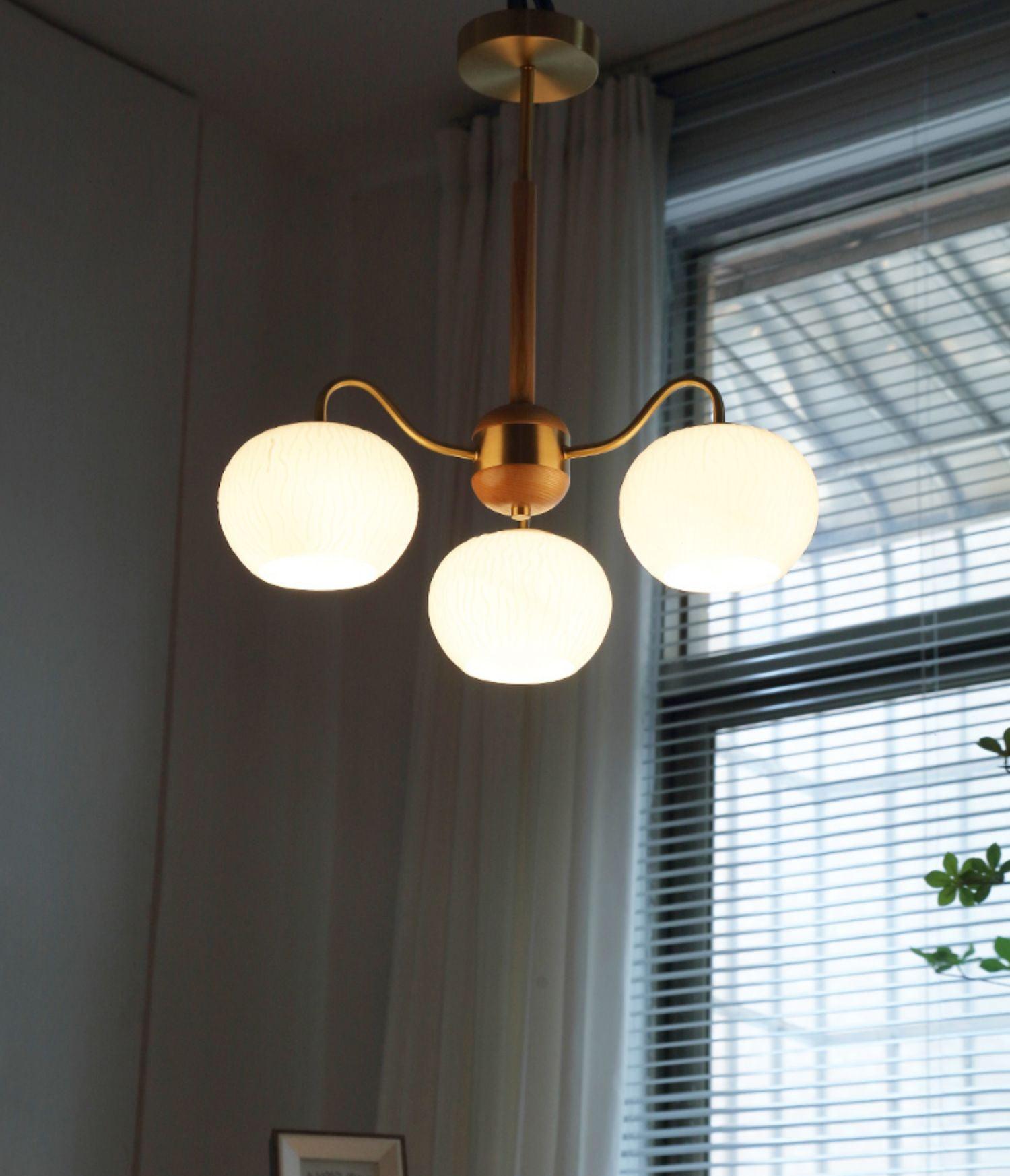 Mid Century Modern Brass and Ash Wood Chandelier Pendant Light with White Glass Shades