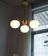 Mid Century Modern Brass and Ash Wood Chandelier Pendant Light with White Glass Shades