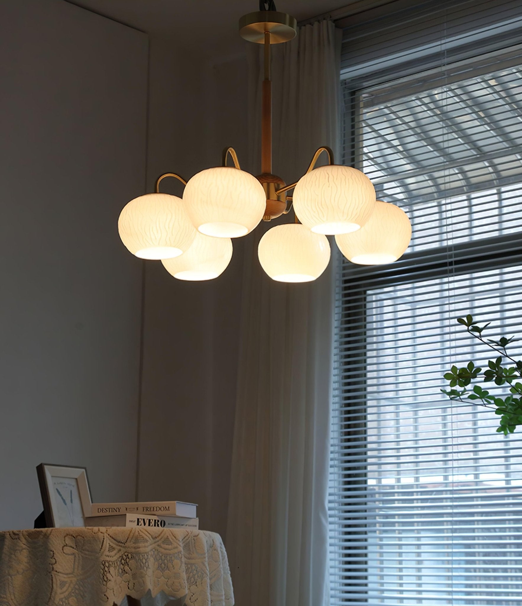 Mid Century Modern Brass and Ash Wood Chandelier Pendant Light with White Glass Shades