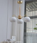 Mid Century Modern Brass and Ash Wood Chandelier Pendant Light with White Glass Shades