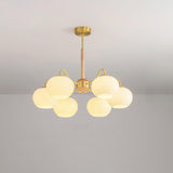 Mid Century Modern Brass and Ash Wood Chandelier Pendant Light with White Glass Shades