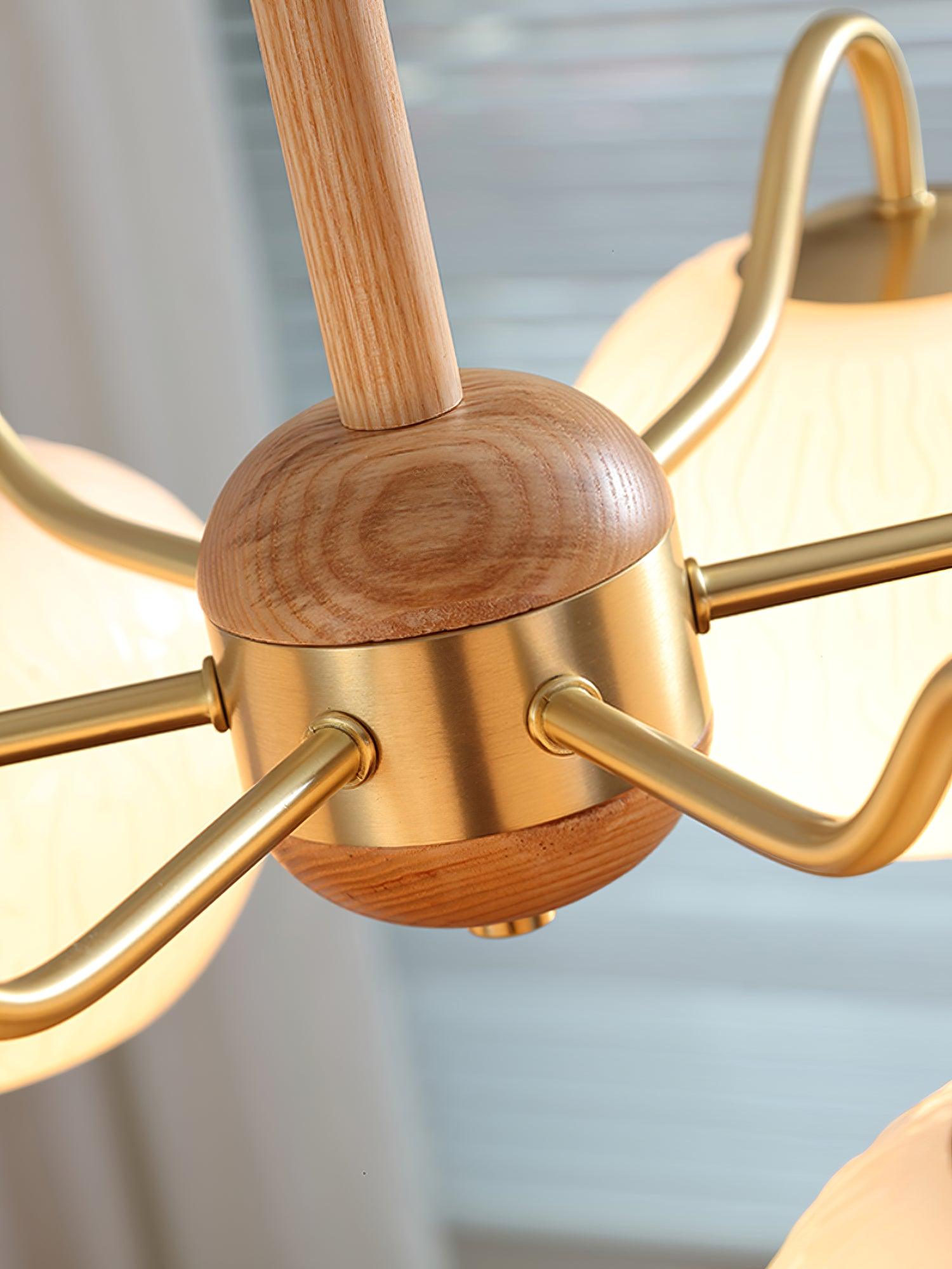 Mid Century Modern Brass and Ash Wood Chandelier Pendant Light with White Glass Shades