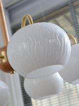 Mid Century Modern Brass and Ash Wood Chandelier Pendant Light with White Glass Shades