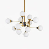 Mid Century Modern Brass Chandelier with Blown White Glass Globes and Bent Arms