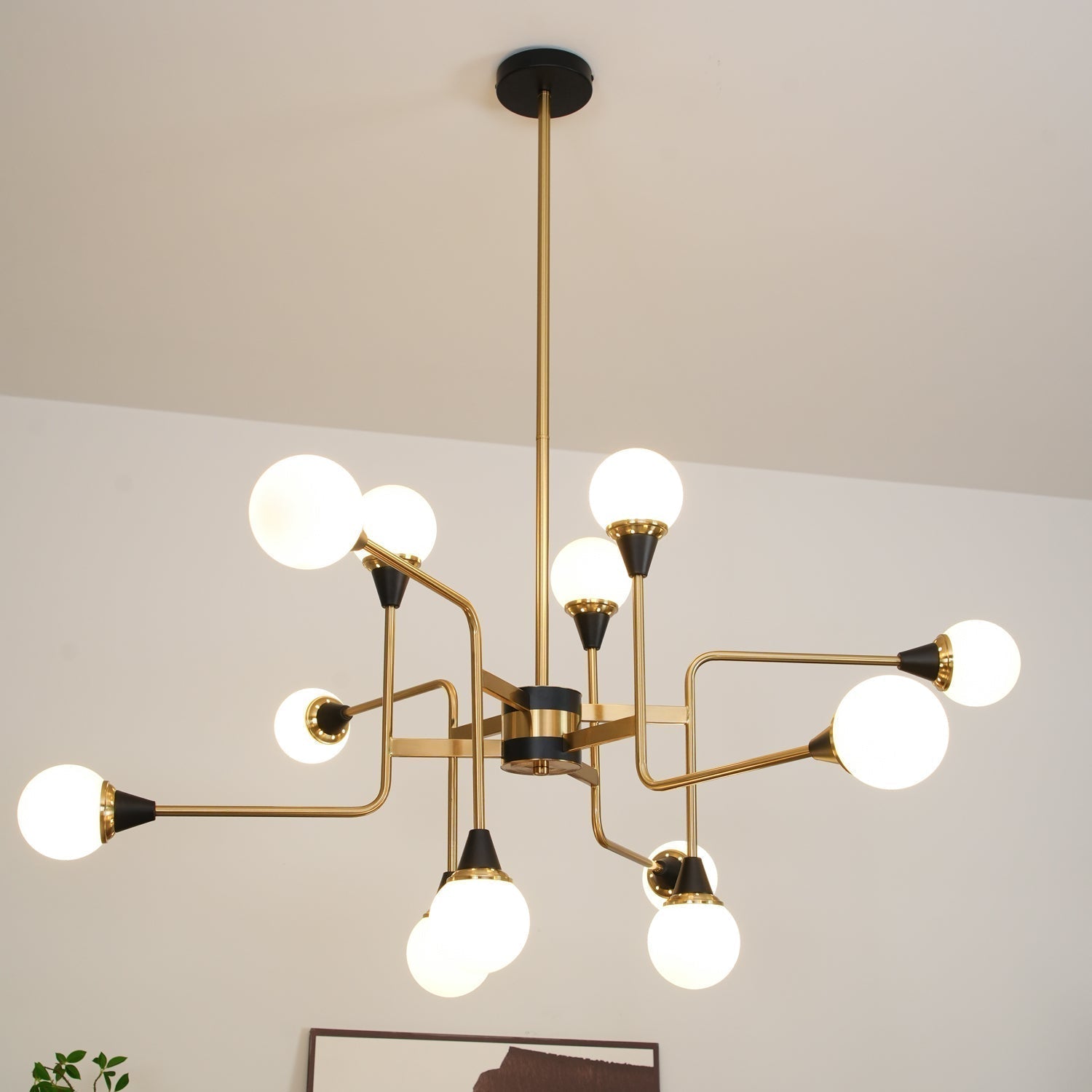 Mid Century Modern Brass Chandelier with Blown White Glass Globes and Bent Arms
