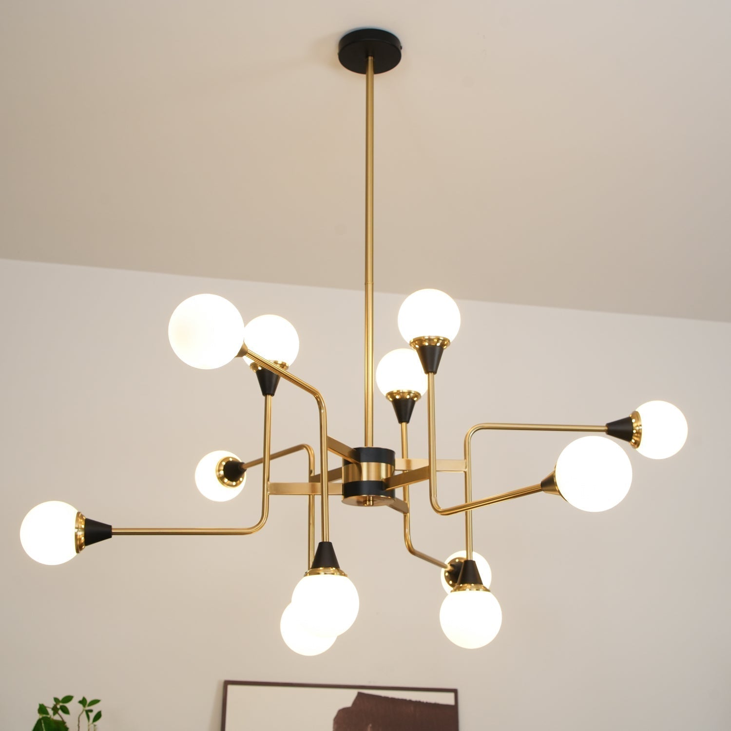 Mid Century Modern Brass Chandelier with Blown White Glass Globes and Bent Arms