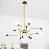 Mid Century Modern Brass Chandelier with Blown White Glass Globes and Bent Arms